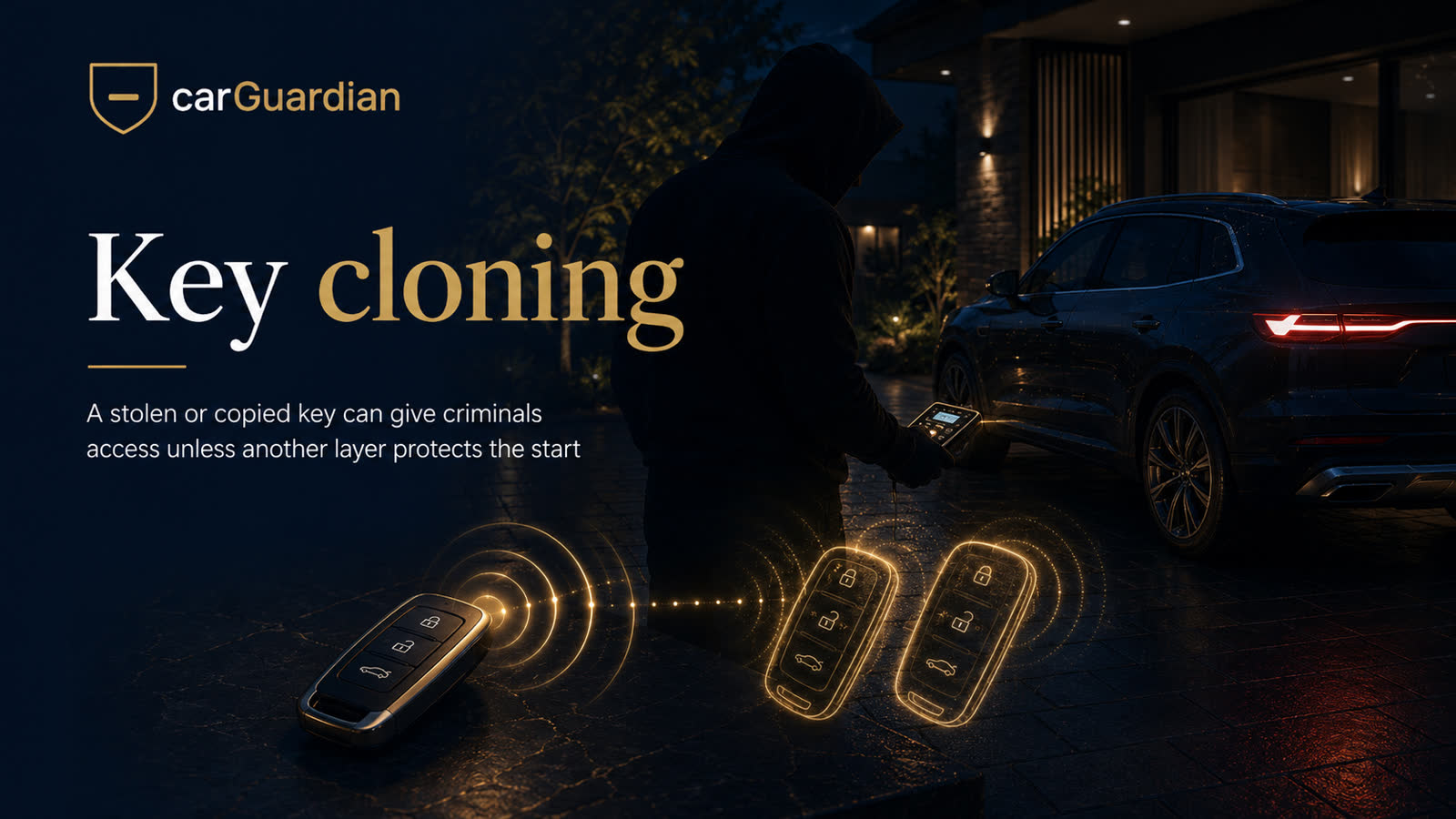 Key cloning — a pocket scanner reads your factory key code in a queue or fuel station and programs a blank fob to match