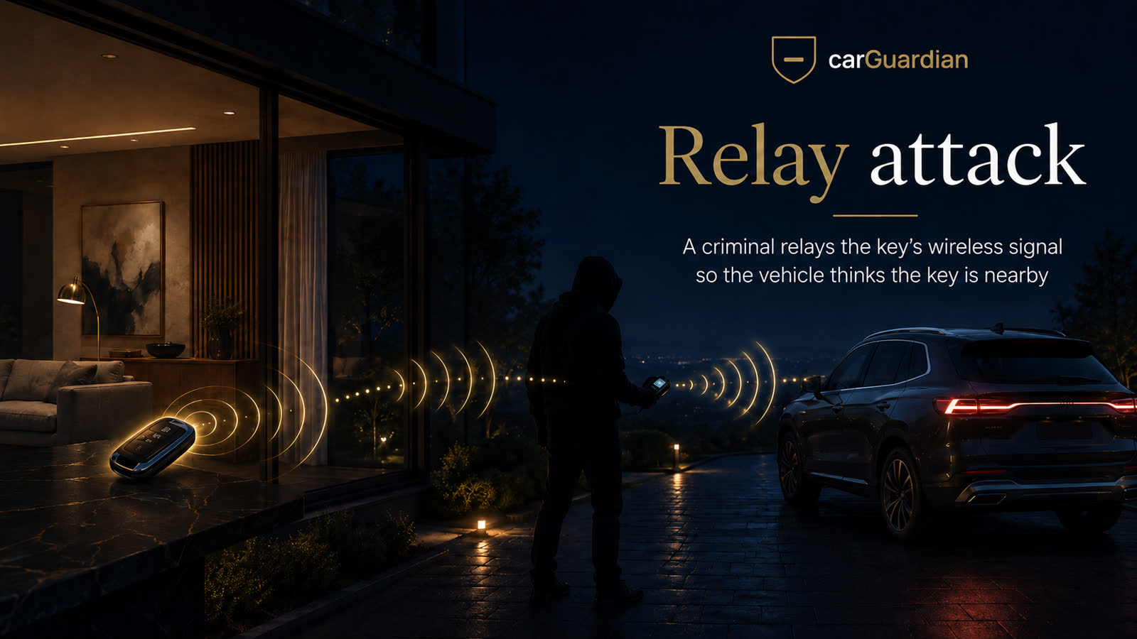 Relay attack — thieves amplify your key fob signal from inside your home to a device beside the car so the vehicle unlocks and starts
