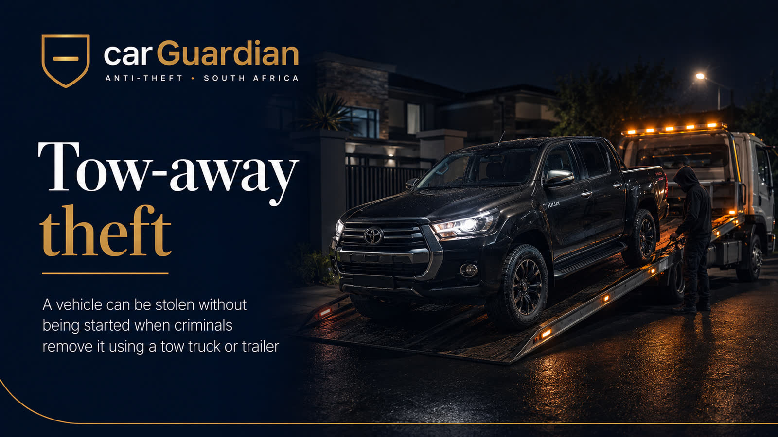 Tow-away theft &mdash; a vehicle being loaded onto a flatbed truck at night